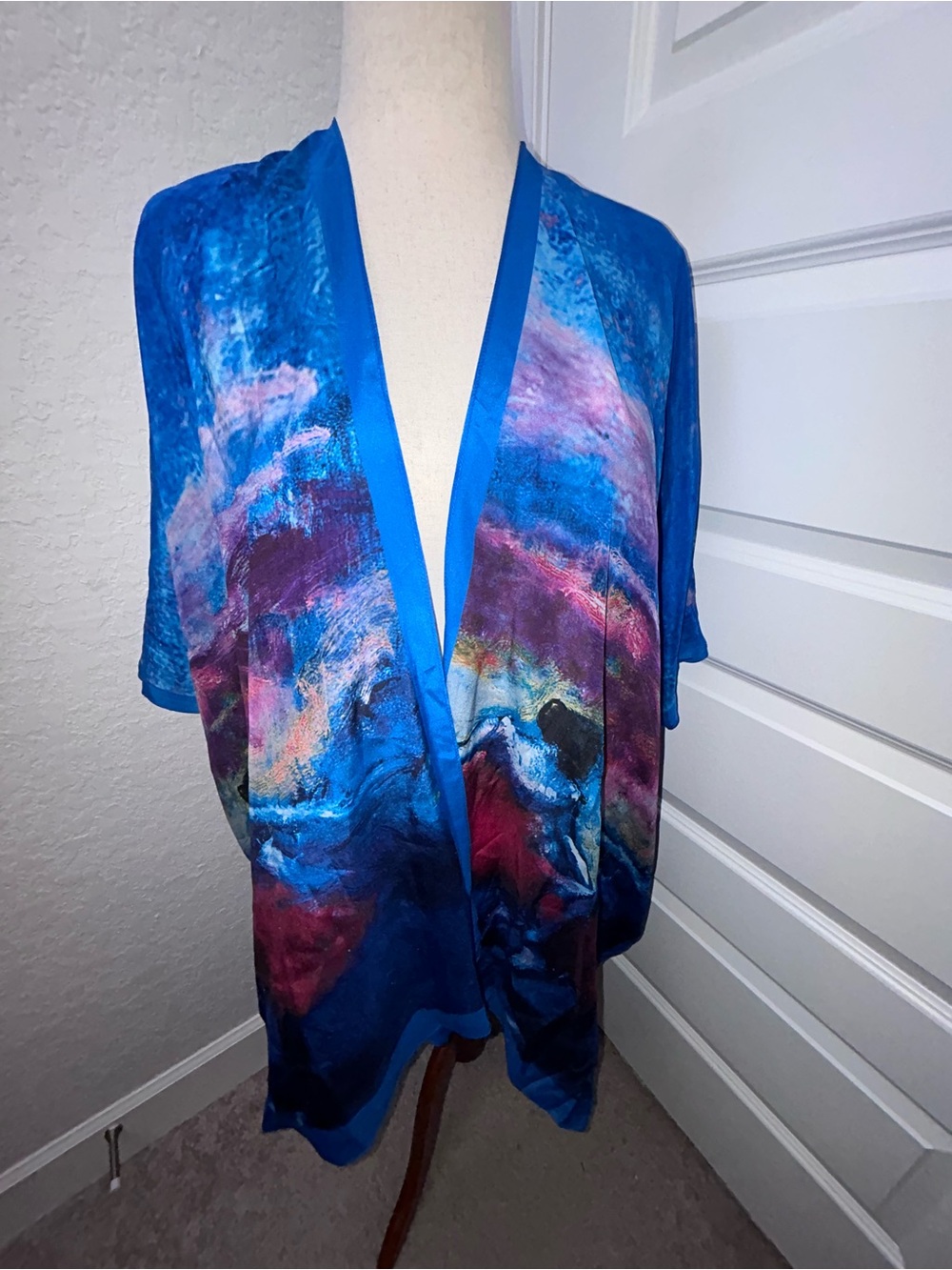 COCOON HOUSE 100% Silk Watercolor Print Open Front Sheer Kimono Blouse Top